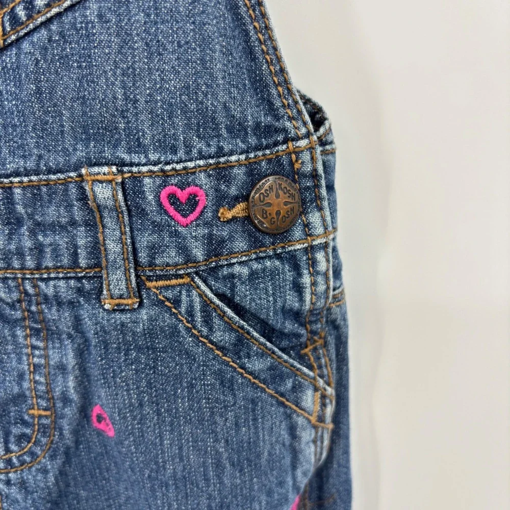 OshKosh B'gosh Heart Denim Overalls Kids 3T Blue Pink Embroidered Bib Dungarees